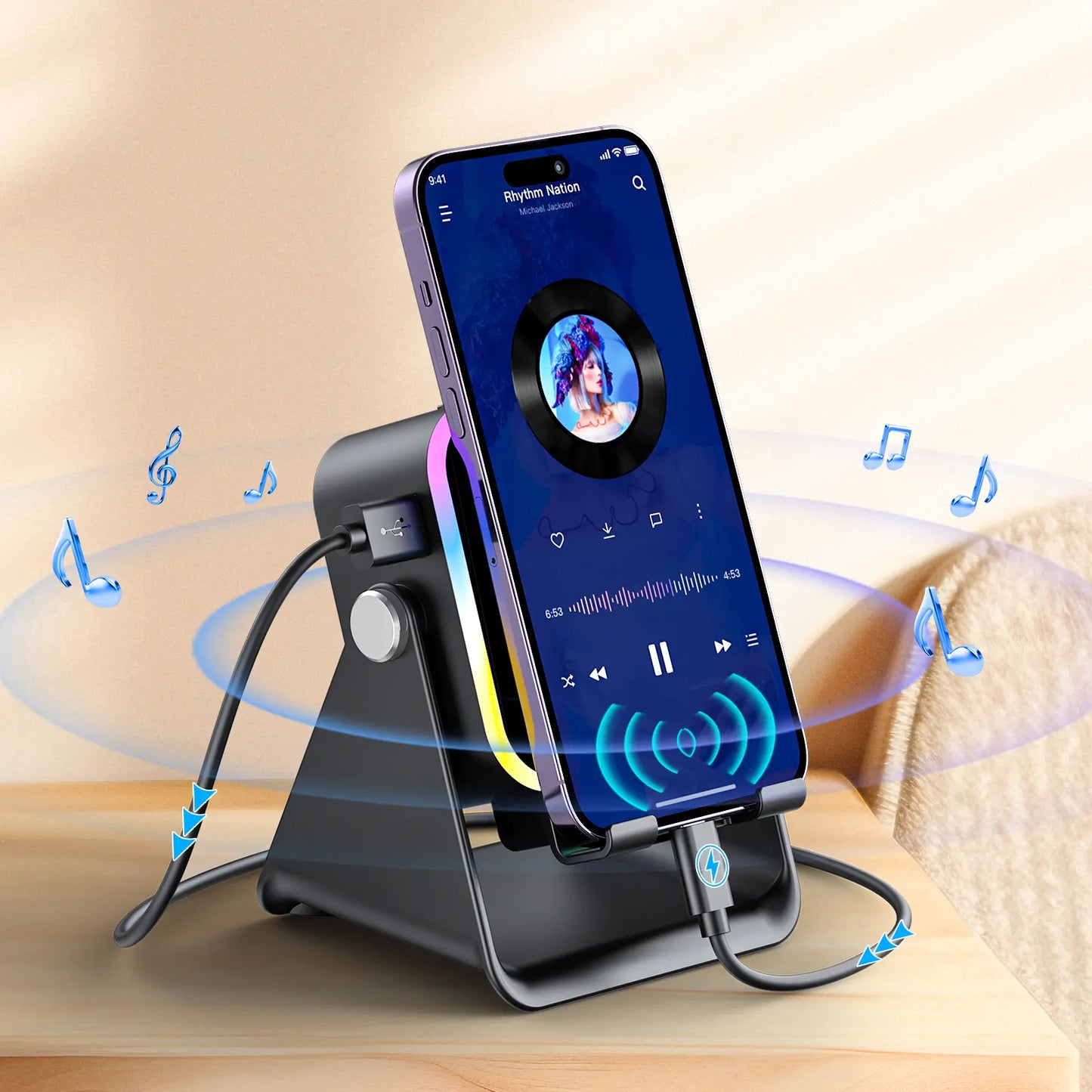 Wireless Induction Audio Speaker Stand, 5-in-1 Cellphone Holder, 3500mAh Rechargeable Emergency Power Bank, 360° Adjustable Mobile & Tablet Stand with Colorful Ambient Light, Ideal Gift for Men and Women