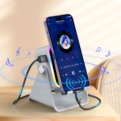 Wireless Induction Audio Speaker Stand, 5-in-1 Cellphone Holder, 3500mAh Rechargeable Emergency Power Bank, 360° Adjustable Mobile & Tablet Stand with Colorful Ambient Light, Ideal Gift for Men and Women