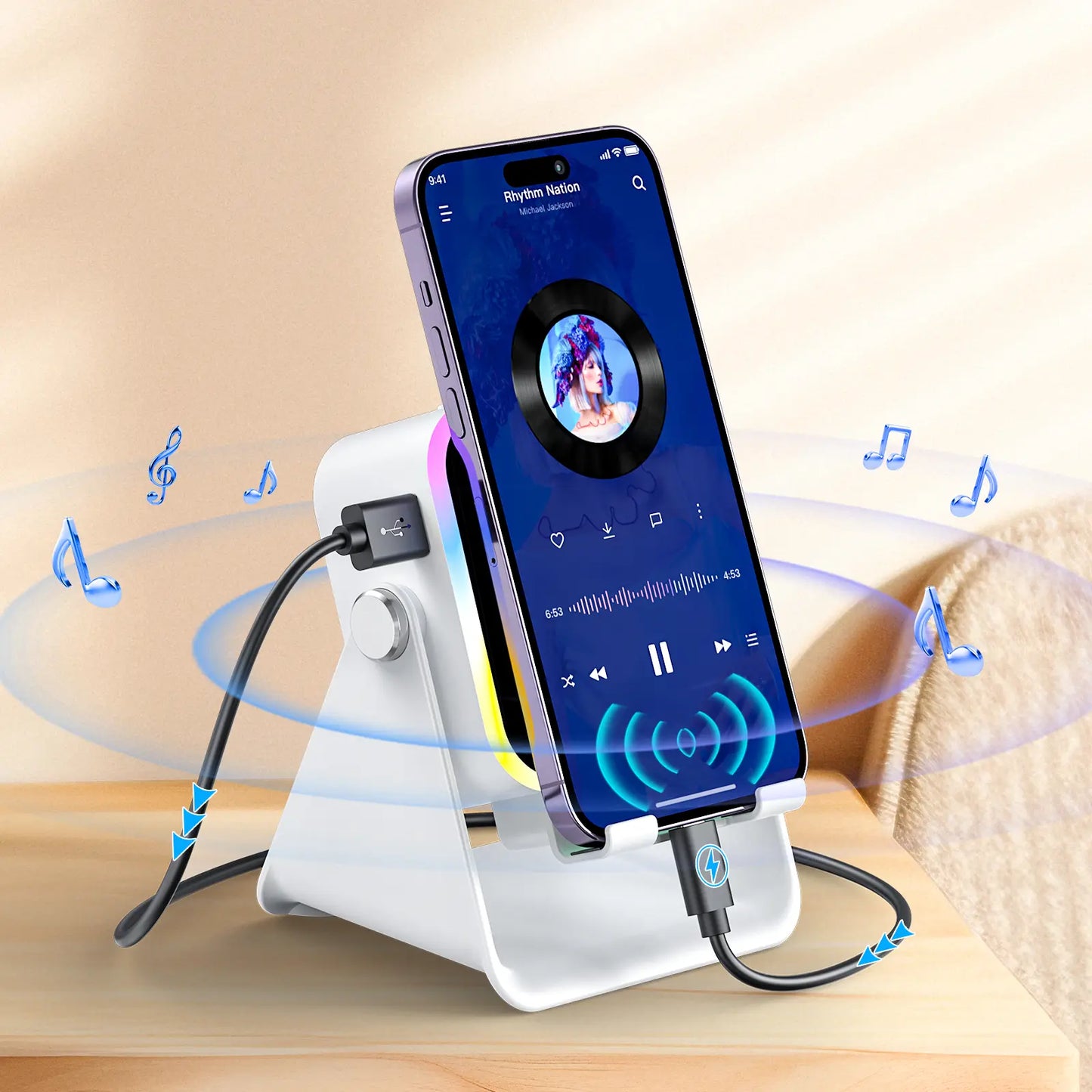 Wireless Induction Audio Speaker Stand, 5-in-1 Cellphone Holder, 3500mAh Rechargeable Emergency Power Bank, 360° Adjustable Mobile & Tablet Stand with Colorful Ambient Light, Ideal Gift for Men and Women