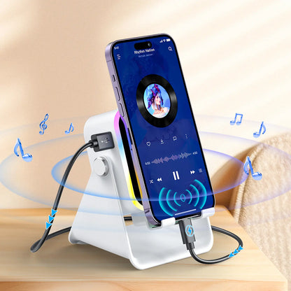 Wireless Induction Audio Speaker Stand, 5-in-1 Cellphone Holder, 3500mAh Rechargeable Emergency Power Bank, 360° Adjustable Mobile & Tablet Stand with Colorful Ambient Light, Ideal Gift for Men and Women