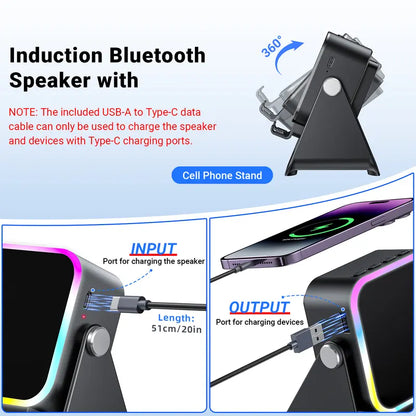 Wireless Induction Audio Speaker Stand, 5-in-1 Cellphone Holder, 3500mAh Rechargeable Emergency Power Bank, 360° Adjustable Mobile & Tablet Stand with Colorful Ambient Light, Ideal Gift for Men and Women