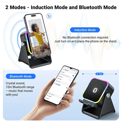Wireless Induction Audio Speaker Stand, 5-in-1 Cellphone Holder, 3500mAh Rechargeable Emergency Power Bank, 360° Adjustable Mobile & Tablet Stand with Colorful Ambient Light, Ideal Gift for Men and Women